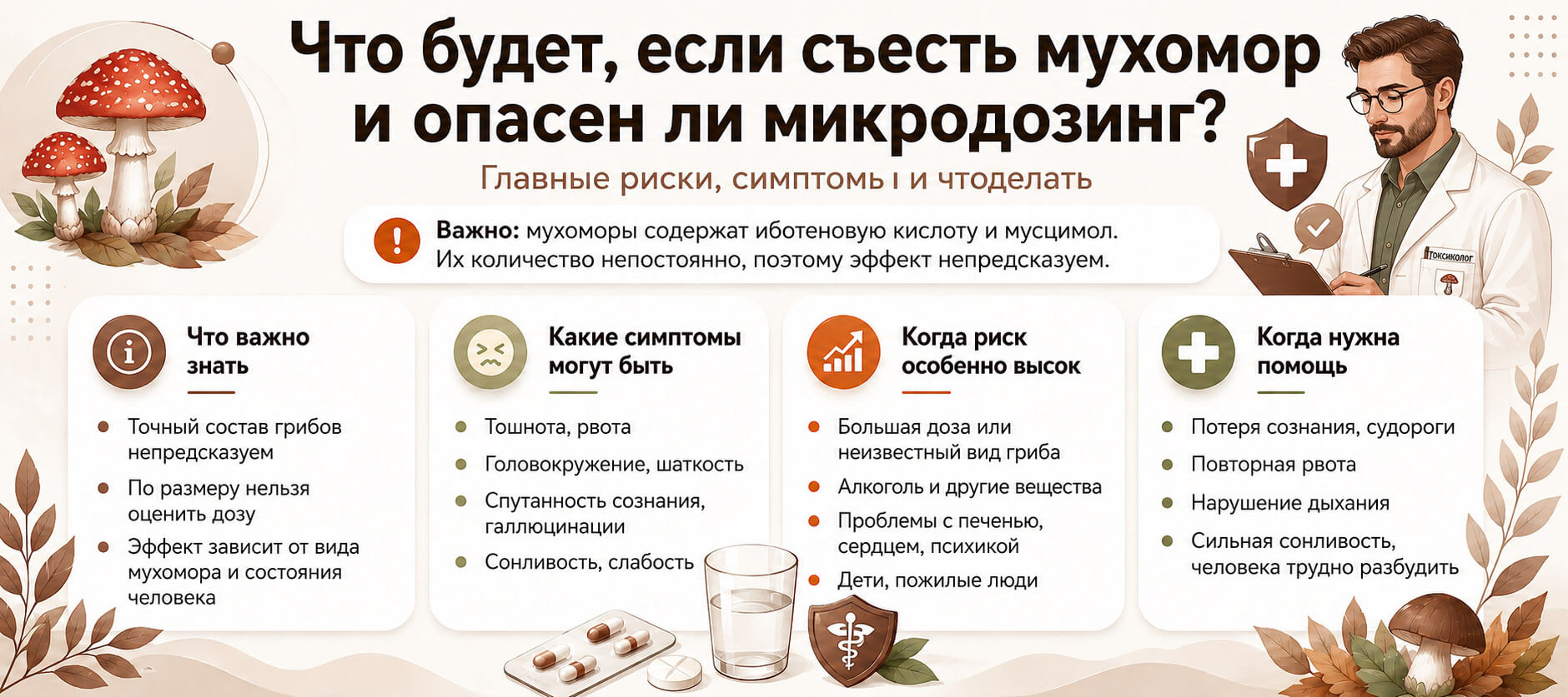 Инфографика о симптомах отравления мухомором и рисках микродозинга