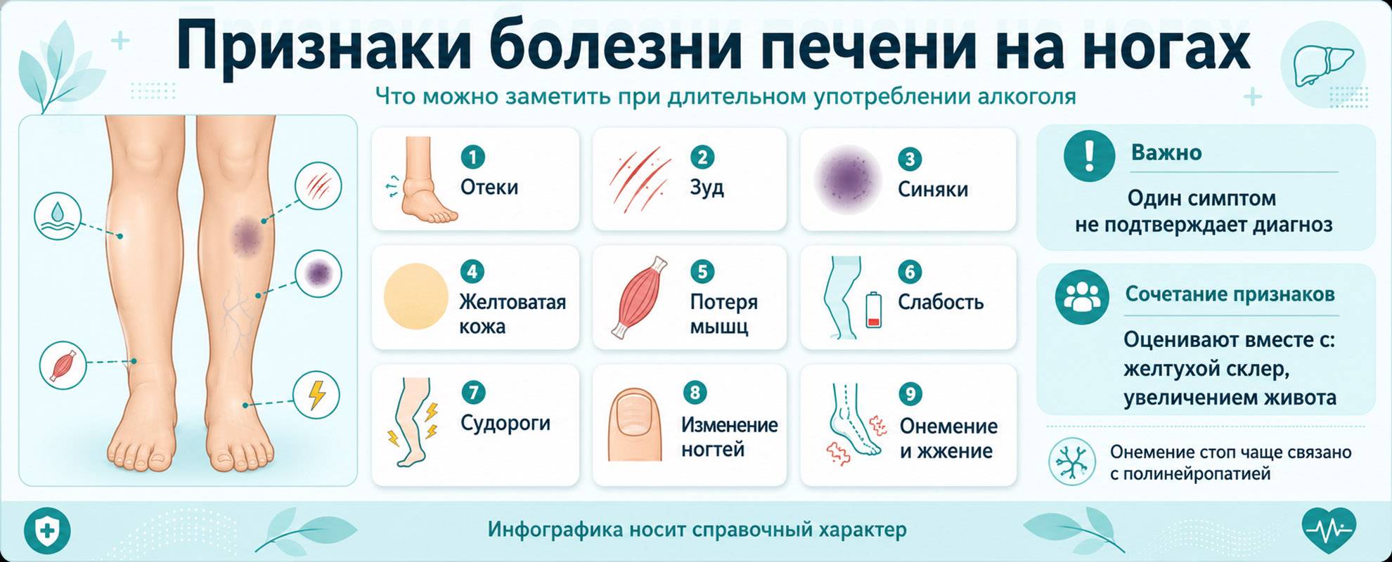 Инфографика о симптомах поражения печени на стопах и голенях