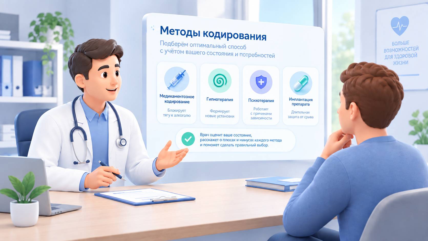 Врач-нарколог обсуждает с пациентом варианты лечения алкогольной зависимости